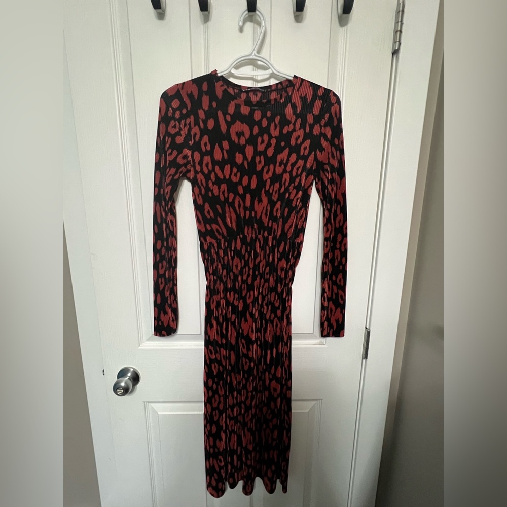 Zara Red and Black Animal Print Long Sleeve Dress